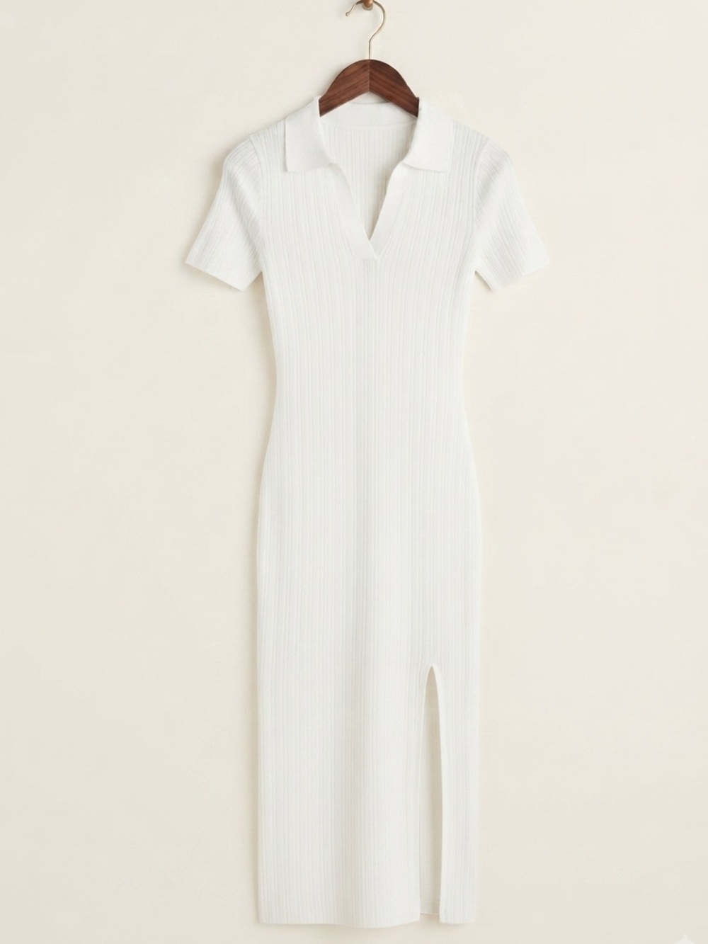 Ribbed Polo-Collar Midi Dress in Cream